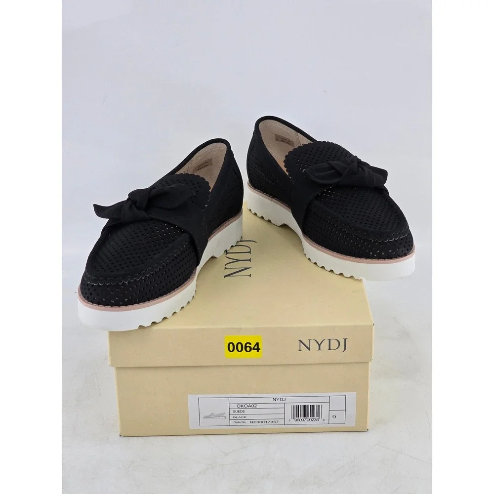 NYDJ Okoa Suede Loafers Womens 9 Black Perforated Bow Slip On - New